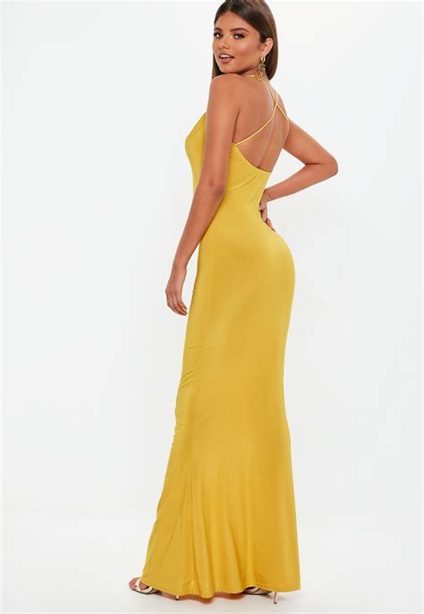 Missguided Synthetic Mustard Slinky Cowl Maxi Dress In Yellow Lyst