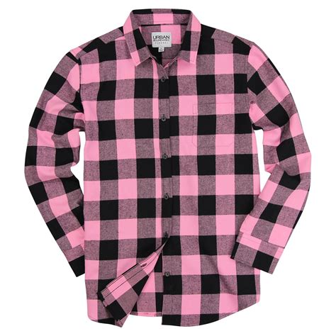 Womens Classic Buffalo Plaid Flannel Shirt Pink Black Urban