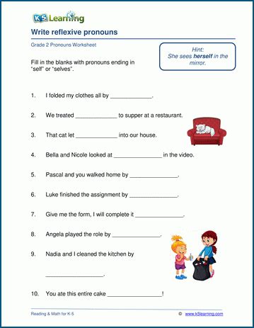 Complete the following sentences using suitable pronouns. Writing reflexive pronouns worksheets | K5 Learning ...