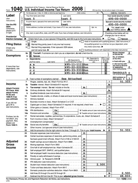 Fillable Online Form 1040 Us Individual Income Tax Return 2008 Label