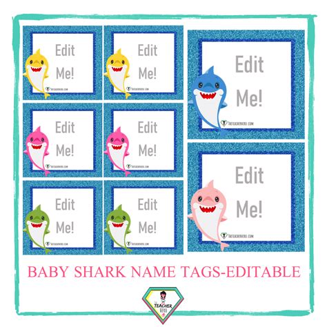 baby shark theme name tags editable the teacher hero