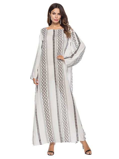 Fashion Elegant Print Maxi Dress Cotton Muslim Abaya Kimono Long Robe