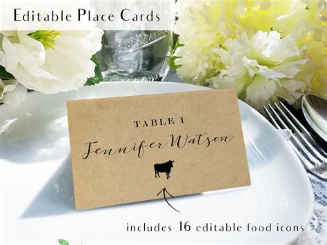 Rustic Meal Choice Place Cards Printable Escort Card Food