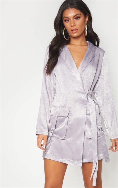 Lilac Satin Utility Blazer Dress Dresses Prettylittlething