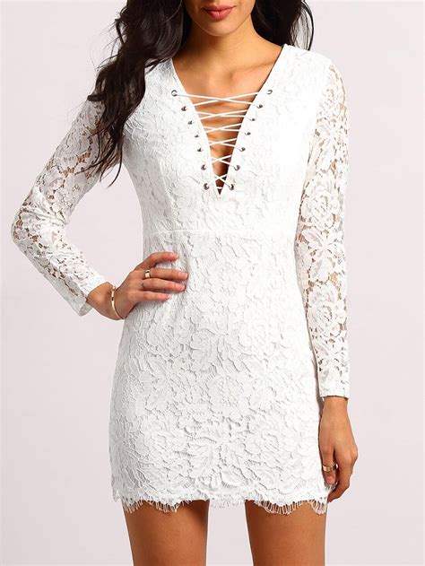 white deep v neck lace bodycon dressfor women romwe