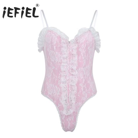 Iefiel Mens Gay Lingerie Body Suit Straps High Cut Teddies Ruffle Lace Bodysuit Catsuit Sexy