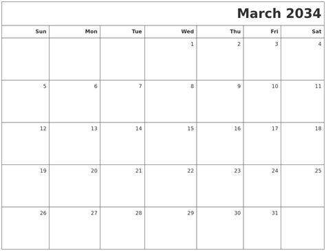 March 2034 Printable Blank Calendar