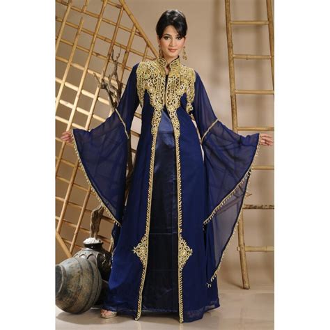 Robe De Dubai Bleue Chiffon Gold Beading Royal Blue Dress Dubai Kaftan Caftan Long Muslim