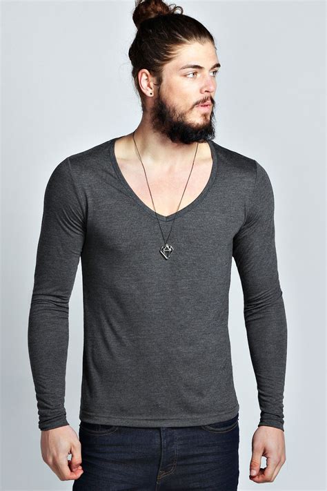 Boohoo Mens Basic Long Sleeve Deep V Neck T Shirt Ebay