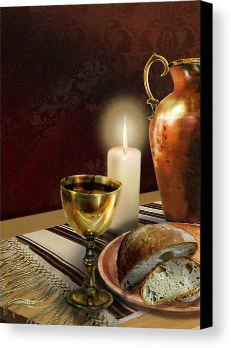 The last supper provides the scriptural basis for the eucharist, also known as holy communion or the lord's supper. Jewish table setting with bread and wine Canvas Print ...