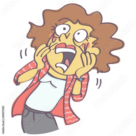 Funny vector cartoon of terrified woman screaming and pulling her face