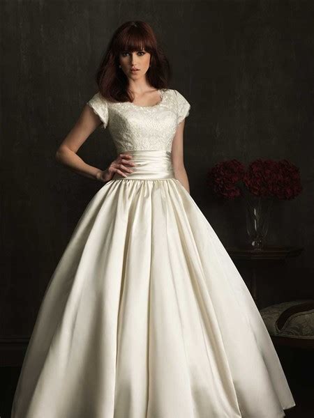 Modest Ball Gown Scoop Neck Cap Sleeve Lace Satin Ruched Wedding Dress