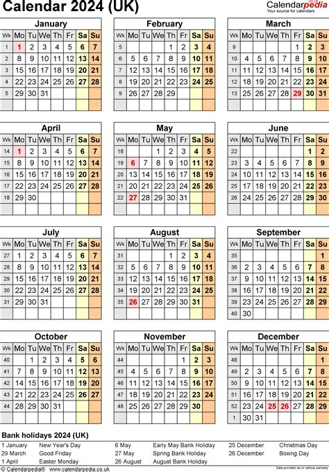 2024 One Page Yearly Calendar With Week Numbers Calendar 2024 Uk Free