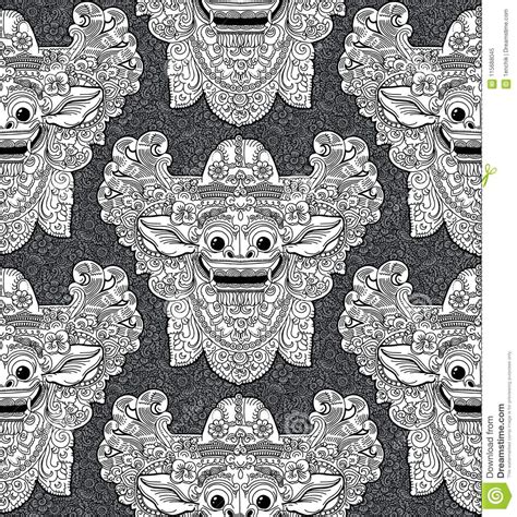Balinese Lion God Barong Mask In Doodle Style Seamless Pattern Stock