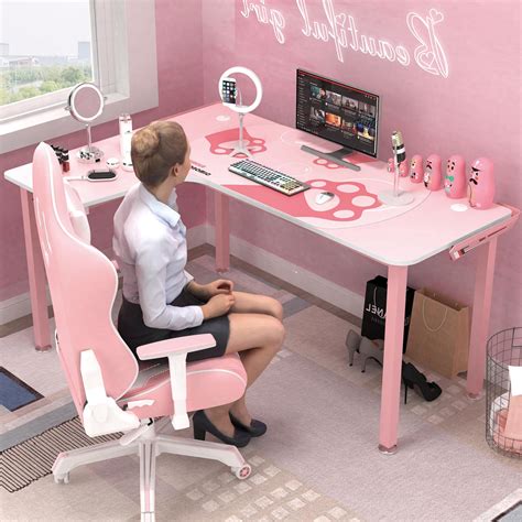 Designa Pink Gaming Desk 60 Inch L Shaped Corner Desk With Full