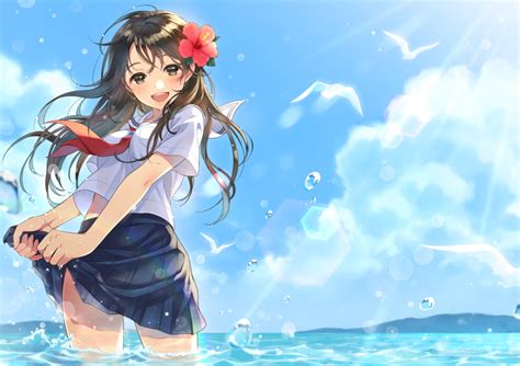 Download 1920x1080 Anime Girl Big Smile Ocean School Uniform Water