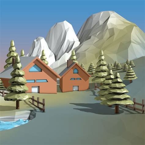 3d Model Cartoon Mountain Landscape With Houses And Forest Vr Ar