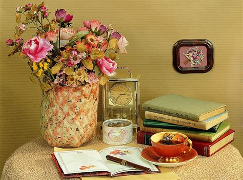 Still Life Pretty Colorful Rose Books Book Vase Bonito Cup Of