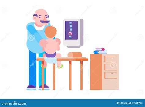 Doctr Osteopath Care About Boy Patient In Hospital Vector Illustration