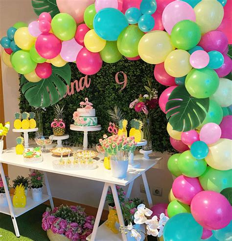 Buy Pcs Tropical Luau Balloons Arch Kit Pink Green Yellow Blue Garland Kit With Palm Leaves