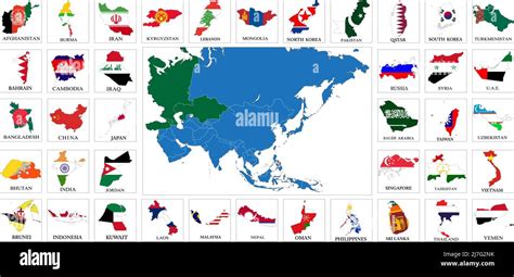 Highly Detailed Set Of Vector Flag Maps Of All The Asia Countries Stock
