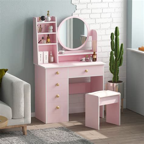 Famapy 5 Drawers Makeup Vanity Table Set With Lighted Mirror Pink 52h