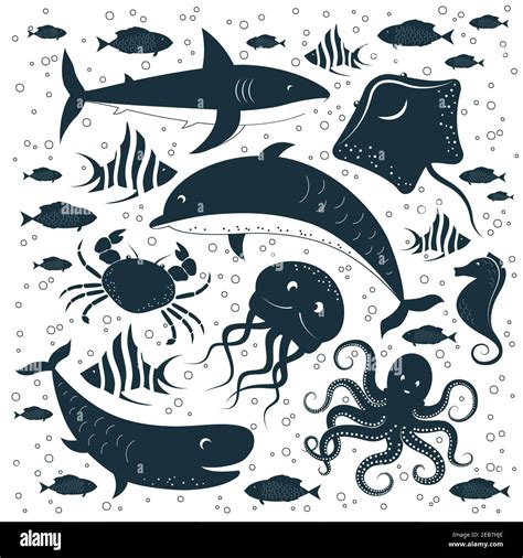 Flat Hand Drawn Sea Life Elements Set Underwater Animals Silhouettes