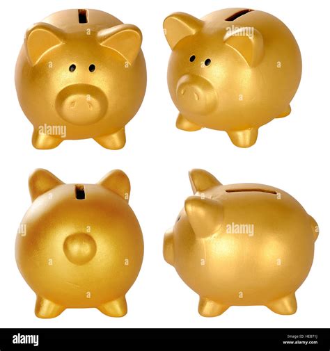 Set Of Golden Piggy Bank Isolated Over White Background Stock Photo Alamy