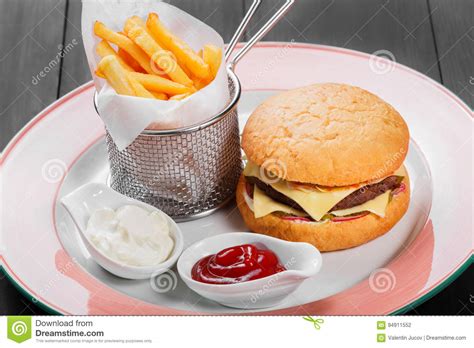 Cheeseburger Hamburger With French Fries Ketchup Mayonnaise Stock