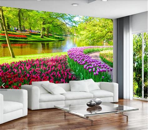 3d Green Nature Tree Wallpaper Murals Tulip Flower For Living Room