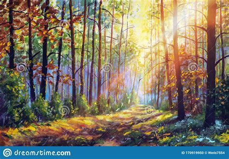 Autumn Oil Painting Autumn Forest With Sunlight Path In