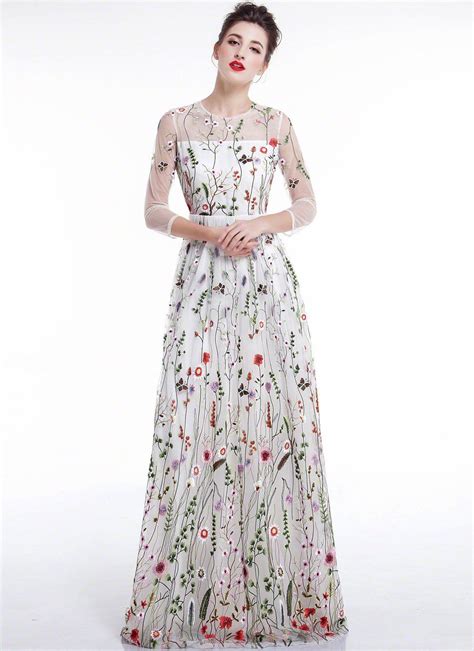 White Tulle Colorful Floral Embroidery Whimsical Maxi Evening Dress With Sheer 34 Sleeves