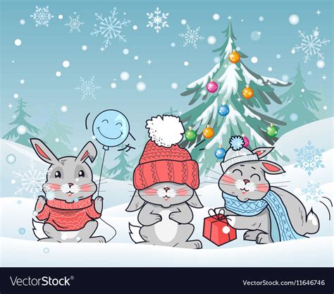 Christmas Rabbits Flat Design Royalty Free Vector Image