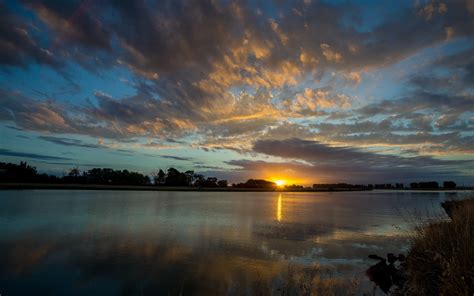 Calm Lake During Sunset Panoramic Photography Hd Wallpaper Wallpaper