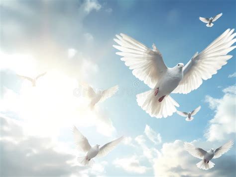 A Flock Of White Doves Flying A Group Of White Doves Flying In The Sky