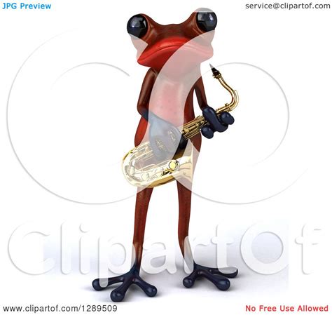 Animal Clipart Of A 3d Red Frog Holding A Saxophone Royalty Free