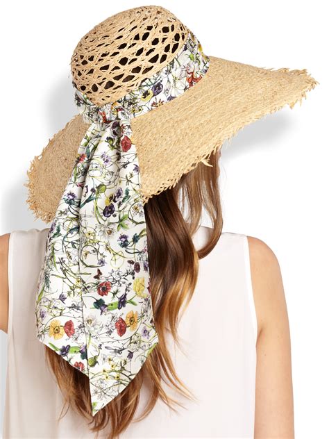 Gucci Floral Scarf Straw Hat In White Lyst