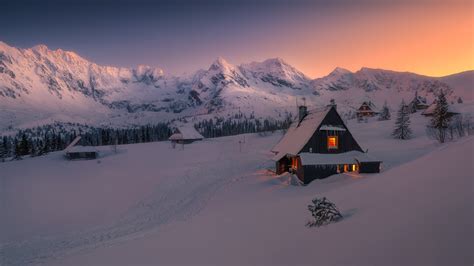 425926 Sky Forest Snow Covered House Tomasz Rojek Sunset Snow