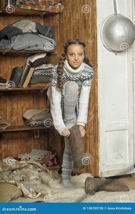 Girl In A Sweater And Russian Boots Stock Photo Image Of Funny Hand