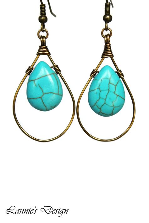 Turquoise Teardrop Dangling Earrings Antiqued Brass Copper Etsy