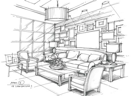 A Drawing Of A Living Room With Couches And Chairs
