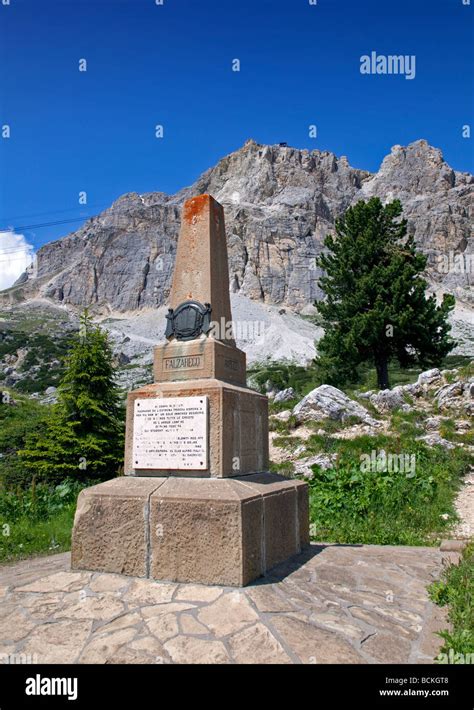 Monument At The Summit Of The Falzarego Pass And Mount Lagazuoi