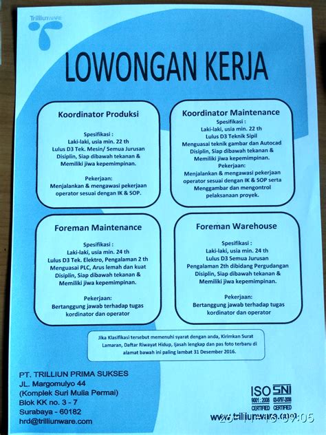 Inilah lowongan kerja bangunan terbaru di indonesia 2021. LOWONGAN KERJA SURABAYA DI PT TRILLIUN PRIMA SUKSES ...