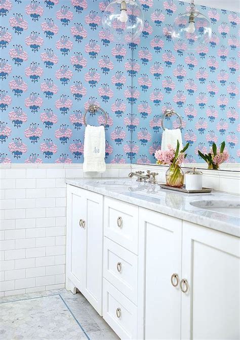 Pink And Blue Girls Bathroom Wallpaper Transitional