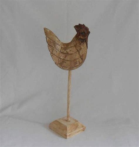 Hand Carved Wood Chicken Hen On Wood Base Folk Art Decor Etsy Folk