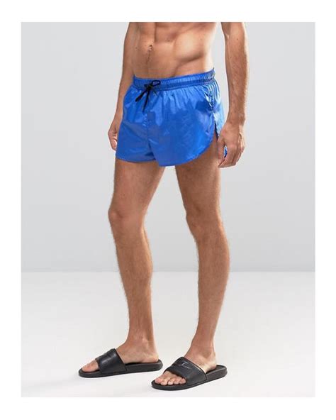 Asos Super Short Length Swim Shorts In Wet Look With Side Split In Blue For Men Lyst