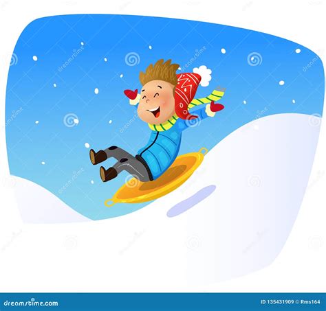 Cartoon Kid Rolling Down The Mountain Slope On Sled Stock Vector