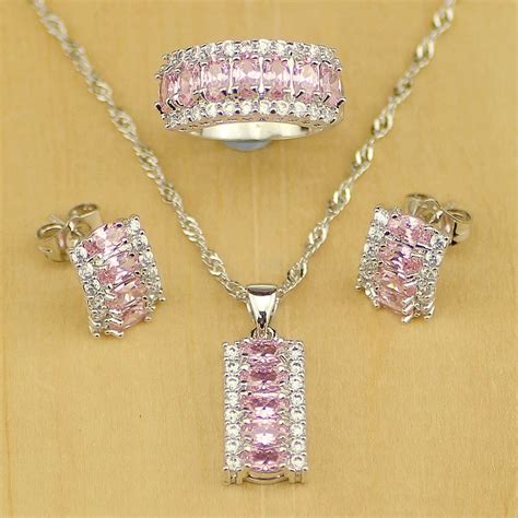 Mystic Pink Zircon White Crystal 925 Sterling Silver Jewelry Sets For