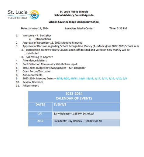 Sre Sac Meeting Agenda For January 17 2024 Savanna Ridge Elementary