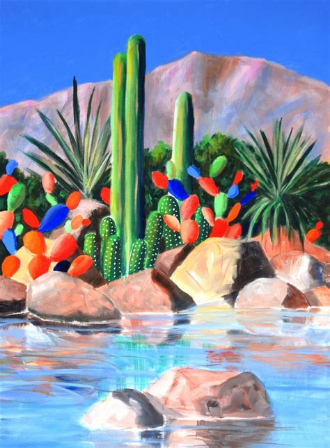 Colorful Abstract Desert Scene With Cacti Desert Painting Cactus